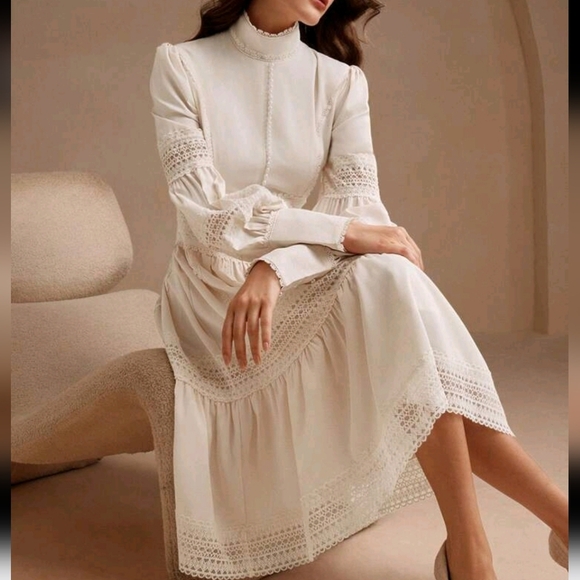 Elegant French Palace Style Lantern Sleeve Patchwork Waist Cinched Dress - Picture 5 of 5